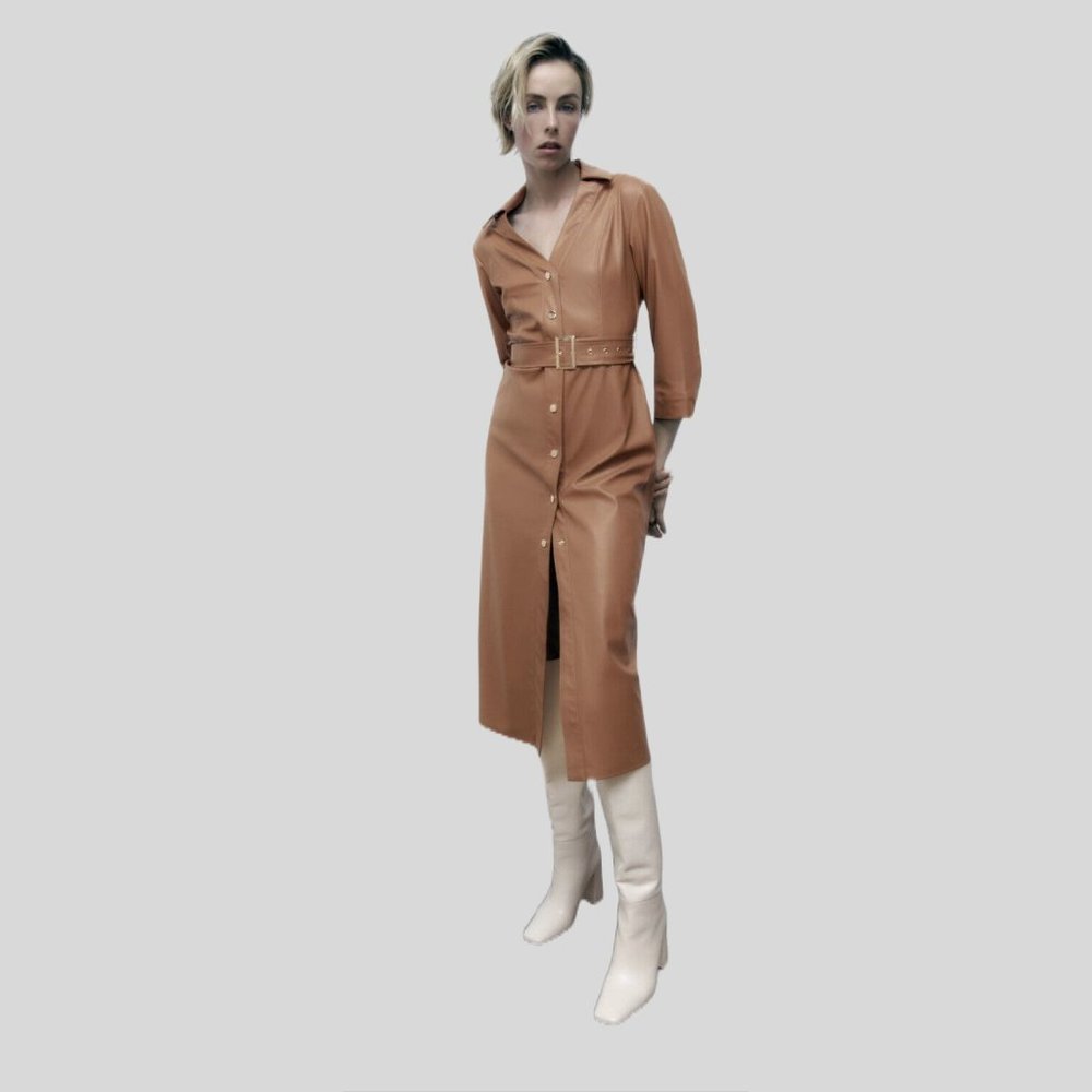 Zara Brown Faux Leather Midi Dress Size XS